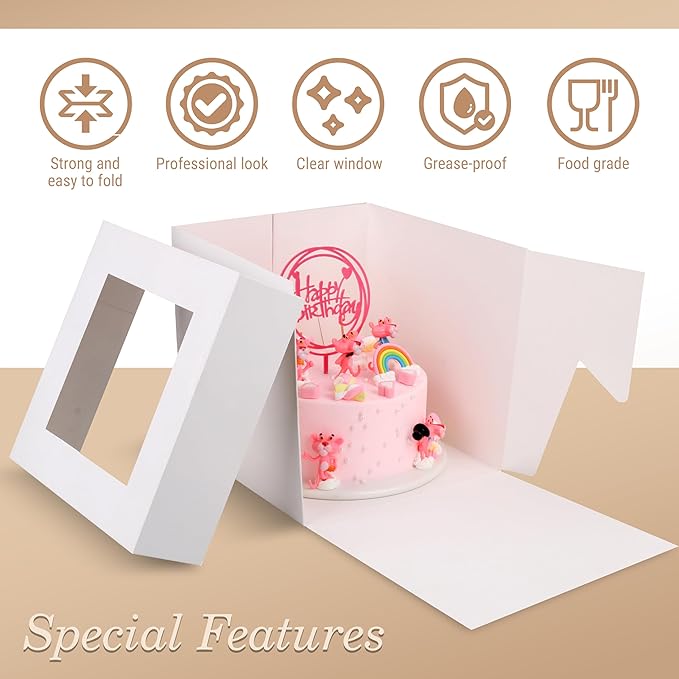 Cakebon Cake Boxes with Boards - 12 Inch Round Cake Drum Gold (1-pack) - Box With Window for Birthdays, Weddings and Parties