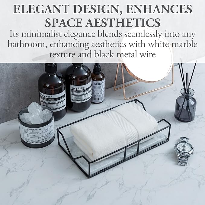 MyGift Modern Metal Wire Bathroom Paper Hand Towel Holder in Brass Tone Finish, Guest Bathroom Countertop Vanity Disposable Folded Trifold, C-fold, (White Marble)