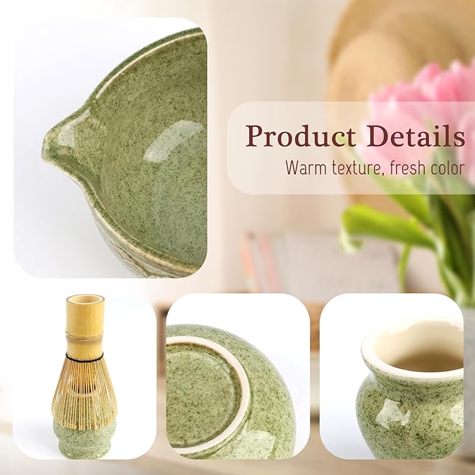 Japanese Matcha Whisk Set, 5-Piece Ceramic Chawan Bowl & Bamboo Whisk (Chasen) Kit | Complete Set for Traditional Matcha Making at Home, Ideal Gift for Tea Lovers (Green)