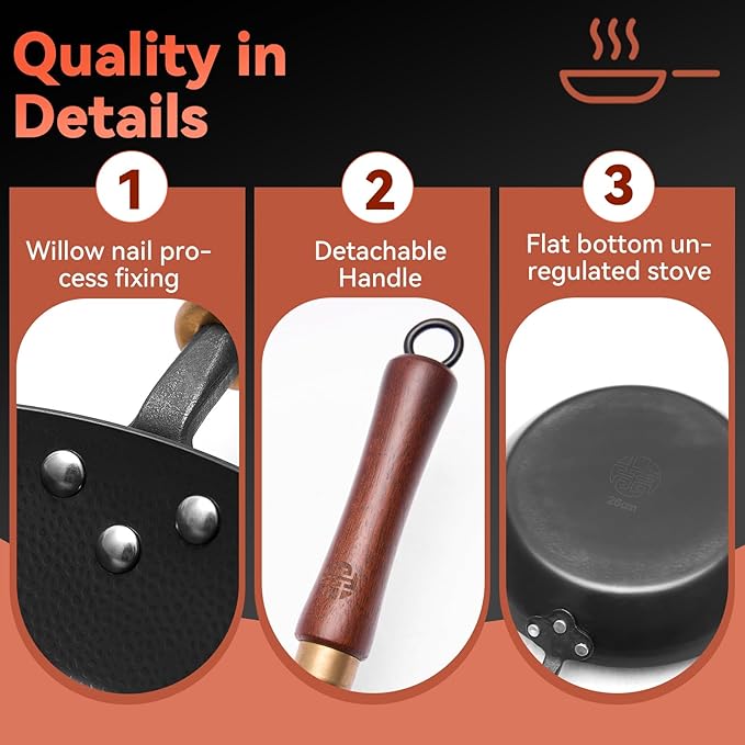 WANGYUANJI 10.2" Iron Skillet with Glass Lid & Griddle Spatula, Flat-Bottom Frying Pan, Hand-Hammered, Uncoated, Induction/Gas/Electric Compatible — Seasoning Required