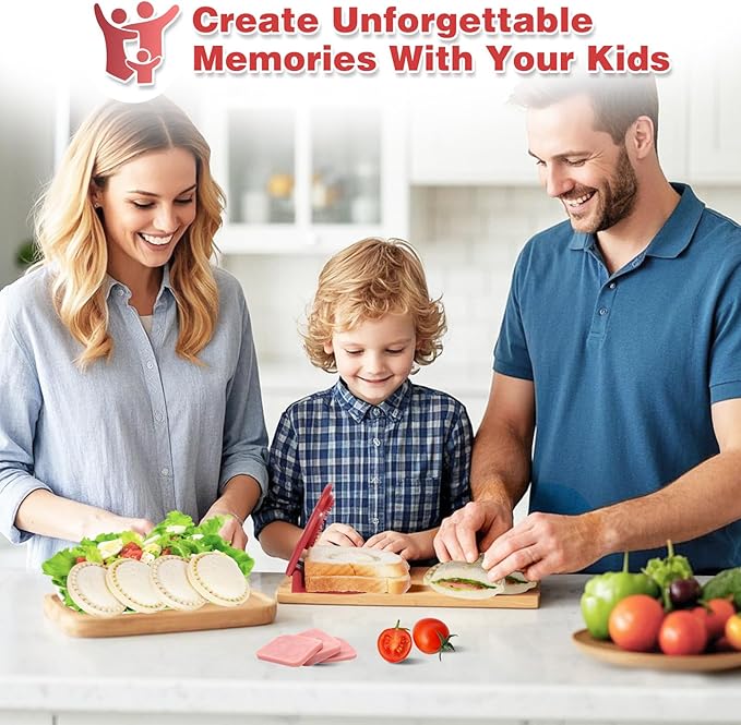 Leak-Proof & BPA-free Sandwich Cutter and Sealer for PB&J, Round Crustless Kitchen Tool, Kids Lunch Snacks Maker for Biscuit, Cookie-Dough, Red