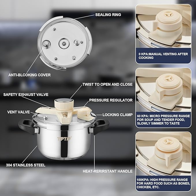 TIPTAP 4.5QT/5L Stainless Steel Pressure Cooker, Multifunctional Pot with Glass Lid, Ideal for Steaming, Soups, Pressure Cooking, Rice and More, Compatible with Gas Stove and Induction Cooktops