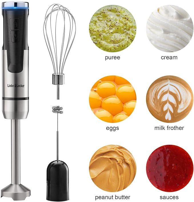 Liebe&Lecker Immersion Blender Handheld Cordless, 3 in 1 Cordless Hand Blender, 8 Speed Cordless Immersion Blender, Wireless Handheld Portable Stick Mixer with Whisk Milk Frother for Soup Smoothie
