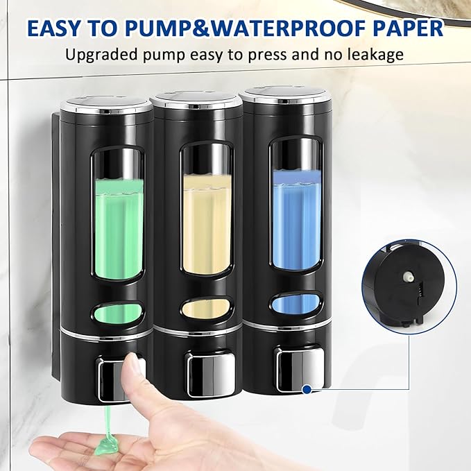 Shampoo and Conditioner Dispenser, 3-Chamber Shower Soap Dispenser Wall Mounted, No Drill Shampoo Dispenser for Shower Wall Body Wash for Bathroom Toilet Hotel Kitchen(Black)