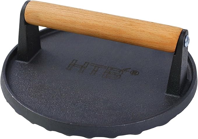 HTB Heavy-Duty Cast Iron Barbecue Press, Wood Handle Meat Steak Smash for Juicy Crispy Burgers on BBQ, Griddle, Camping Round