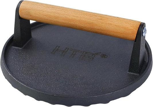 HTB Heavy-Duty Cast Iron Barbecue Press, Wood Handle Meat Steak Smash for Juicy Crispy Burgers on BBQ, Griddle, Camping Round