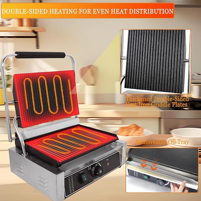 CTJ Commercial Panini Press Stainless Steel Electric Sandwich Panini Maker 2200W Countertop Panini Grill Press with Grooved Top & Temp Control for Sandwich Hamburger Steak Bacon