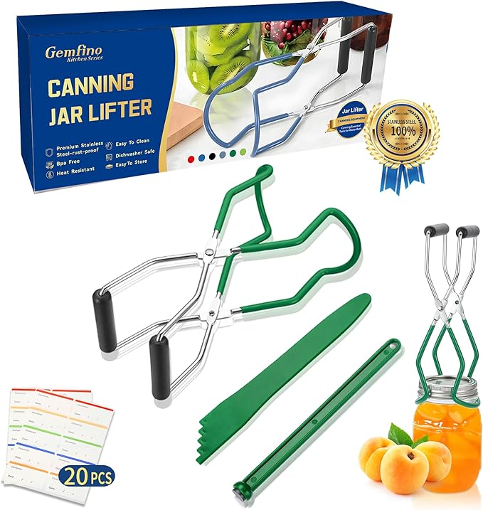 Canning Jar Lifter Tongs with Jar Lid Lifter Magnetic Lid Lifter,Canning Bubble Popper Bubble Remover and Canning Labels for Canning Supplies Starter Kit,4Pcs Canning Tools-Deep Green