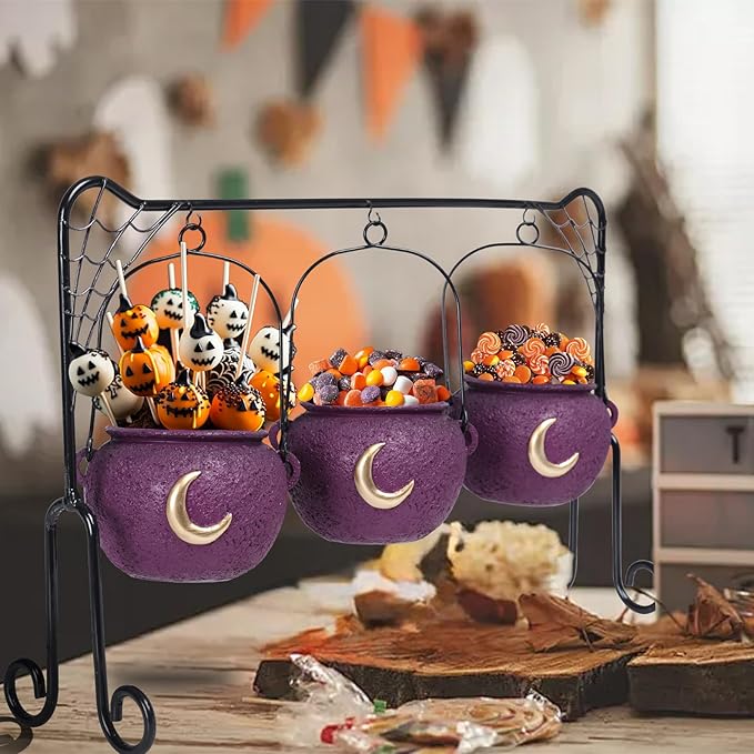 Halloween Decor Halloween Party Decorations Set of 3 Witches Cauldron Serving Bowls on Rack Black Resin Cauldron for Indoor Home Kitchen Decoration Purple Moon