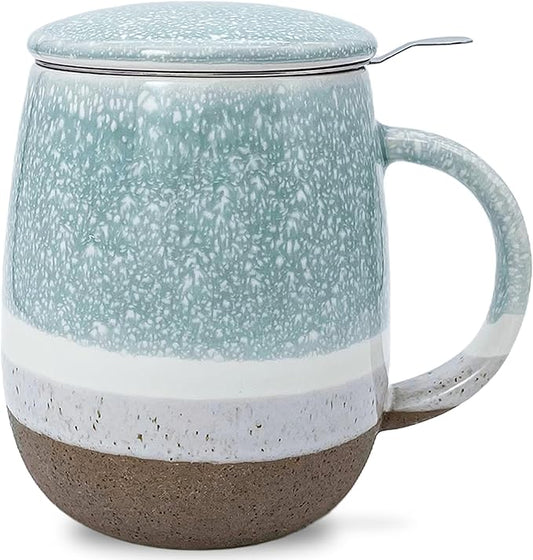 13.5oz Tea Cup with Infuser and Lid, Porcelain Loose Leaf Tea Steeper Cup, Blue Teacups Gifts for Drinker, Men, Women, Home, Office