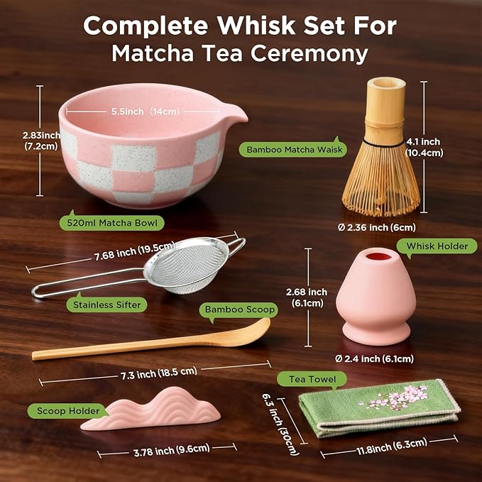 Matcha Whisk Set Gift Box - Pink Matcha Set with Whisk and Bowl, 7 Pcs Matcha Kit Includes Ceramic Matcha Bowl, Bamboo Whisk & Holder, Scoop & Rest, Sifter and Tea Towel, Complete Matcha Making Kit