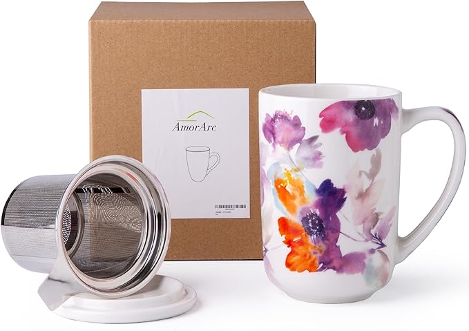 AmorArc Porcelain Tea Mug with Infuser and Lids, 18 Oz Large Cup Strainer with Bag Holder for Loose Leaf Tea, Steeping Coffee Mug for House-warming Wedding Birthday Gift