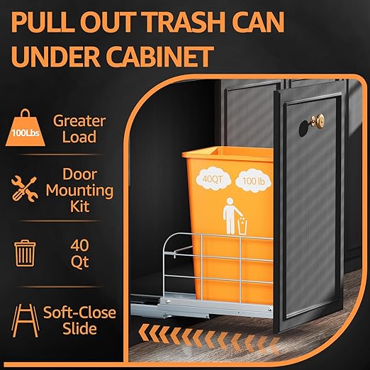 Pull Out Trash Can Under Cabinet with Soft-Close Slides,Heavy Duty 40 Qt Under Sink Trash Can Pull Out for Kitchen,Garbage Can Not Included, Requires Minimum Cabinets Opening 12" W X 17" D