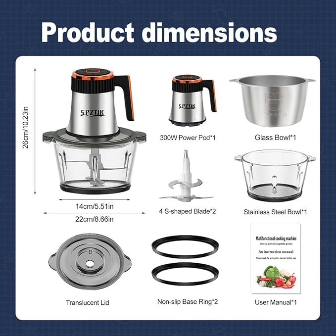 Food Processors, 5-Speed Electric Food Chopper with Vegetable Chopper & Meat Grinder - 2 Bowls (8 Cup Stainless Steel+8 Cup Glass), 300W, 2 Sets of 4 Bi-Level Blades for Vegetable/Fruits/Meat