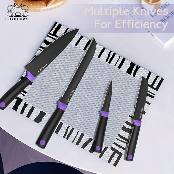 14 Pcs Kitchen Knife Block Set with Sharpener German High Carbon Stainless Steel Chef Knives, Razor-Sharp & Durable, Lightweight Anti-Slip Handle, Professional Set for Home & Kitchen (Purple)