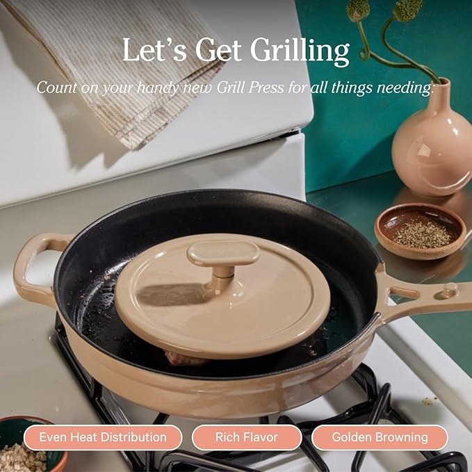 Our Place Grill Press - Cast Iron Add-On for Perfect Searing, Crispy Cooking | Heat-Resistant, Easy-Clean | Compatible with Cast Iron Always Pan | Blue Salt
