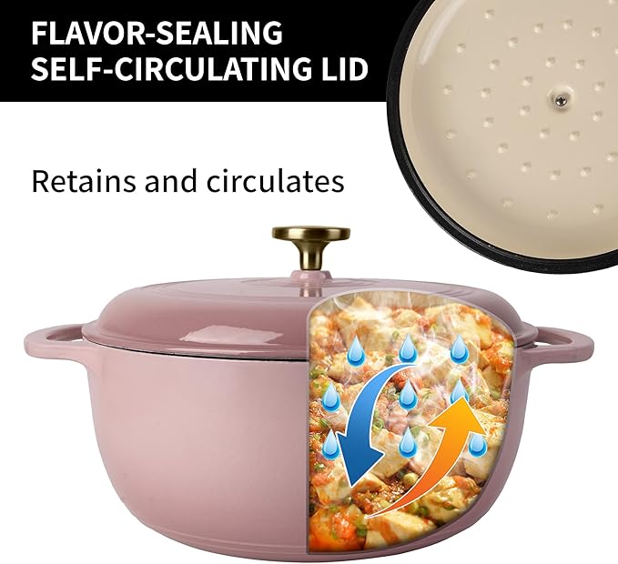 Premium Enameled Cast Iron Dutch Oven for Bread Baking | Non-Stick 2QT Oval Bread Oven with Lid | Perfect for Sourdough, Loaf, and Artisan Baking (Round Pink, 5.5 QT)