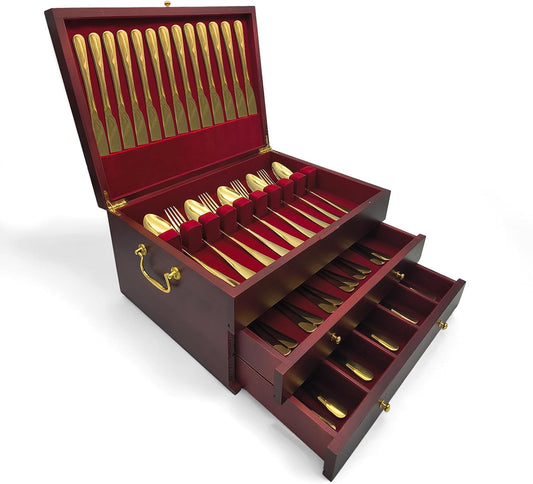 Silverware Storage Box, Kitchen Drawer Organizer, Drawer-containing flap-type storage box, Wood Chest, with Tarnish Proof Felt Lined, Storage Silver Chest for Kitchen (3 layer)