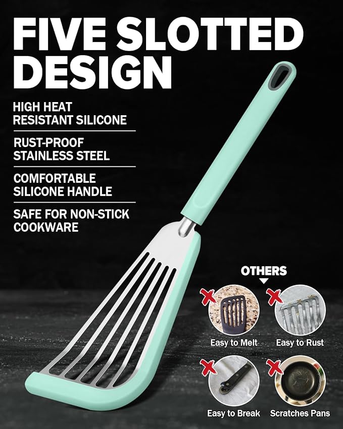 Silicone Fish Spatula Turner Set of 2, Thin Slotted Spatulas Turner for Nonstick Cookware,Heat Resistant Flexible Stainless Steel Kitchen Cooking Spatula Flipper for Fish, Egg, Pancake (RGN)