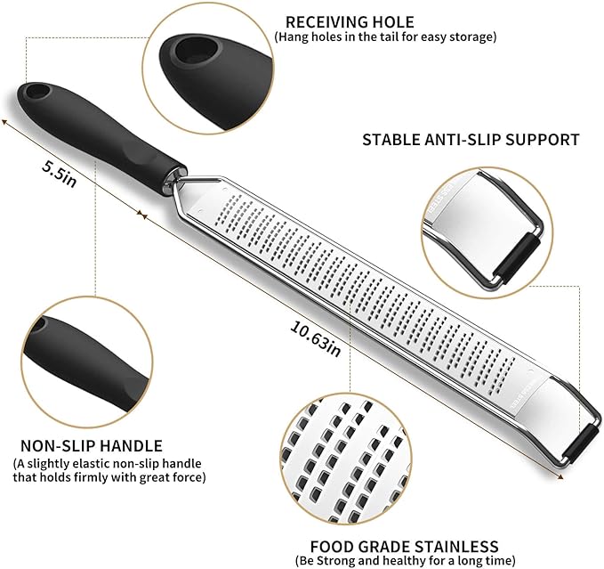 Lemon Zester & Cheese Grater – Premium Stainless Steel - A Sharp Kitchen Tool for Cheese Grater, Ginger, Garlic, Nutmeg, Chocolate, Vegetables, Fruits, Dishwasher Safe, Black B