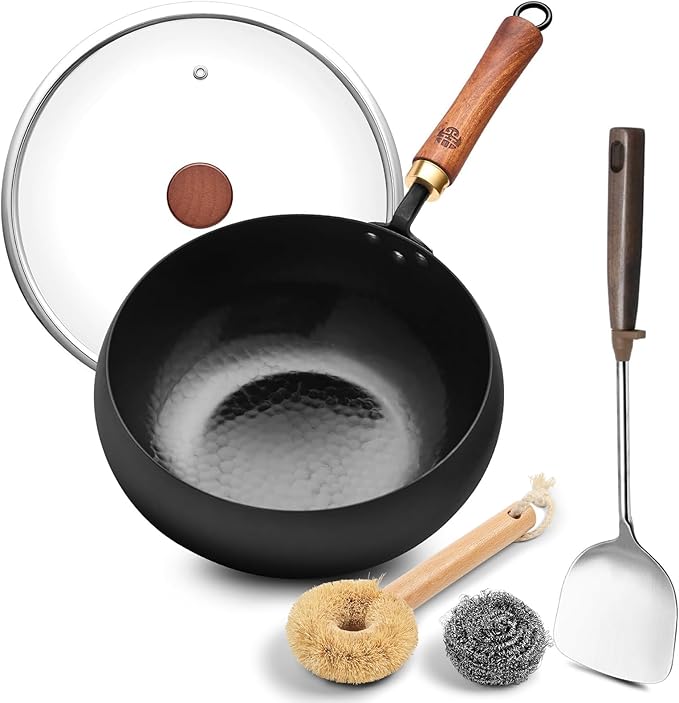 Wrought Iron Flat Bottom Wok with Glass Lid – Detachable Wooden Handle, Non-Coated Naturally Nonstick Frying Pan for Gas, Electric & Induction Stoves (Black Deep-Bowl Wok, 9.5 inch)
