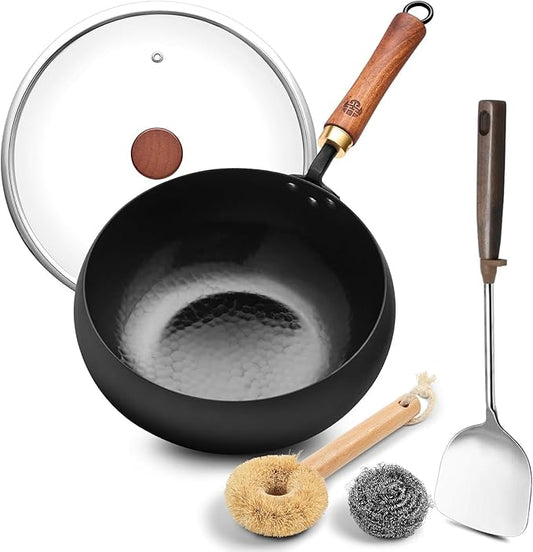 Wrought Iron Flat Bottom Wok with Glass Lid – Detachable Wooden Handle, Non-Coated Naturally Nonstick Frying Pan for Gas, Electric & Induction Stoves (Black Deep-Bowl Wok, 9.5 inch)
