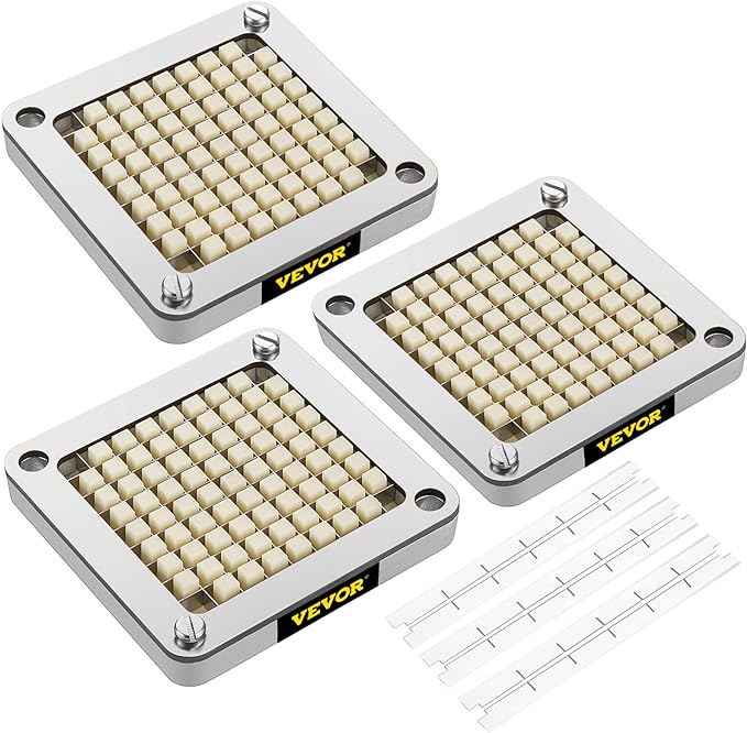 VEVOR Replacement Chopper Blade, 3/8 inch, 3 PCS French Fry Blade Assembly with 6 Extra Knives, Stainless Steel Dicer Parts and Push Block for Cutting Potatoes Carrots Onions Cucumbers Mushrooms