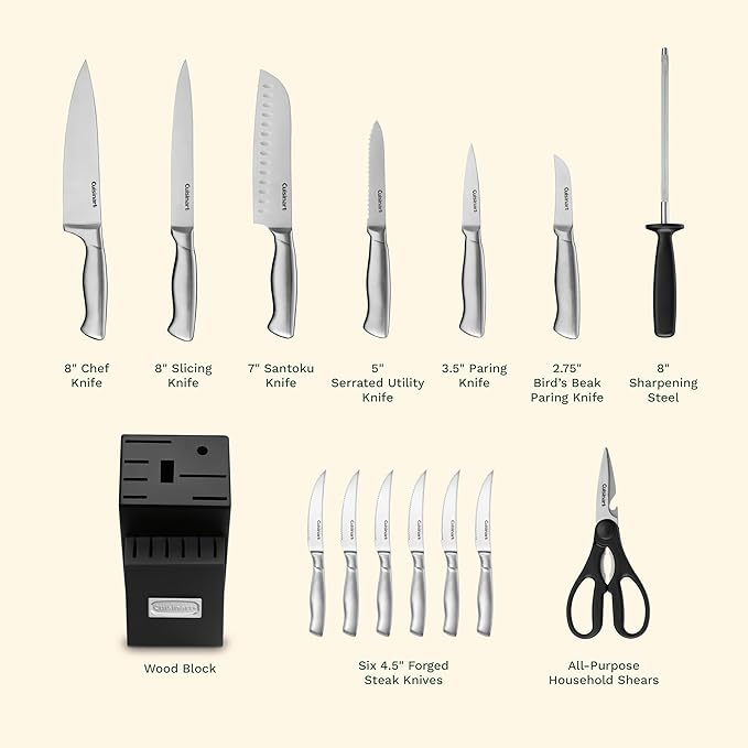 Cuisinart Stainless Steel Hollow Handle 15-Piece Cutlery Block Set, Kitchen Knife Set with Steel Blades for Precise Cutting, Durable Knives with Ergonomic Handles, C77SS-15PK