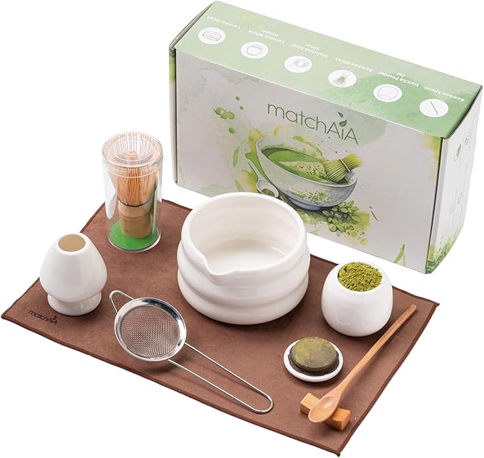 Matcha Whisk Set - Ceramic Bowl, Bamboo Whisk with Holder, Storage Canister, Sifter, Schima Spoon with Rest, Tea Towel - 8 Pcs Complete Kit for Traditional Matcha and Modern Lattes (White)
