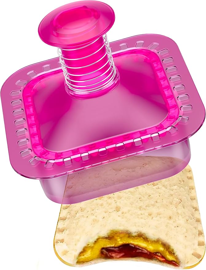 Sandwich Cutter and Sealer Cut and Seal Sandwich Maker, Crustless Peanut Butter & Jelly Sandwich Cookie Cutter (Translucent Pink Square)