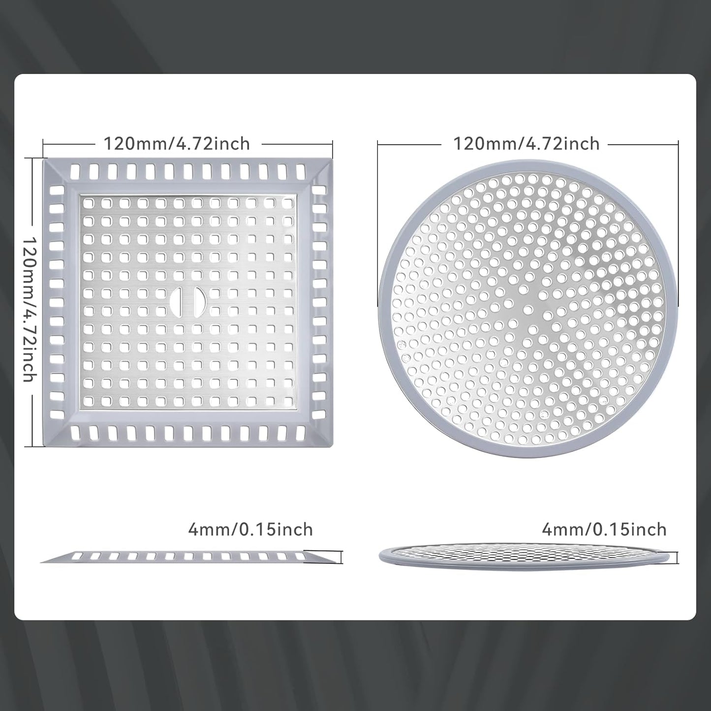 Makerfire 2PCS Shower Drain Hair Catcher, 4.72'', Flat Shower Drain Cover/Filter, Bathroom/Kitchen Sink Drain Strainer, Stainless Steel and Silicone