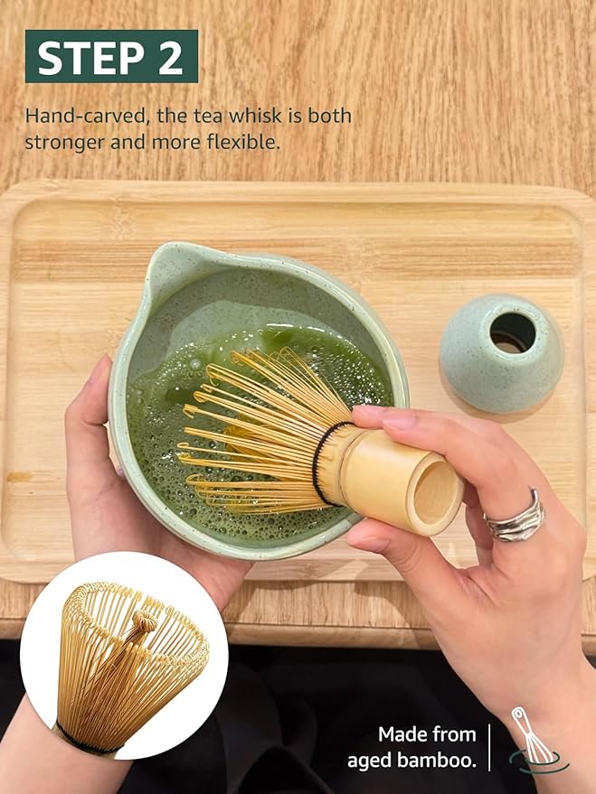 Sisher Matcha Whisk set,Matcha Bowl with Spout，Cute Matcha Set(5pcs) Matcha Bowl, Bamboo Whisk, Matcha Scoop, Matcha Whisk Holder (Chasen Holder), Stainless Steel Sifter, Matcha Making Kit(Green)