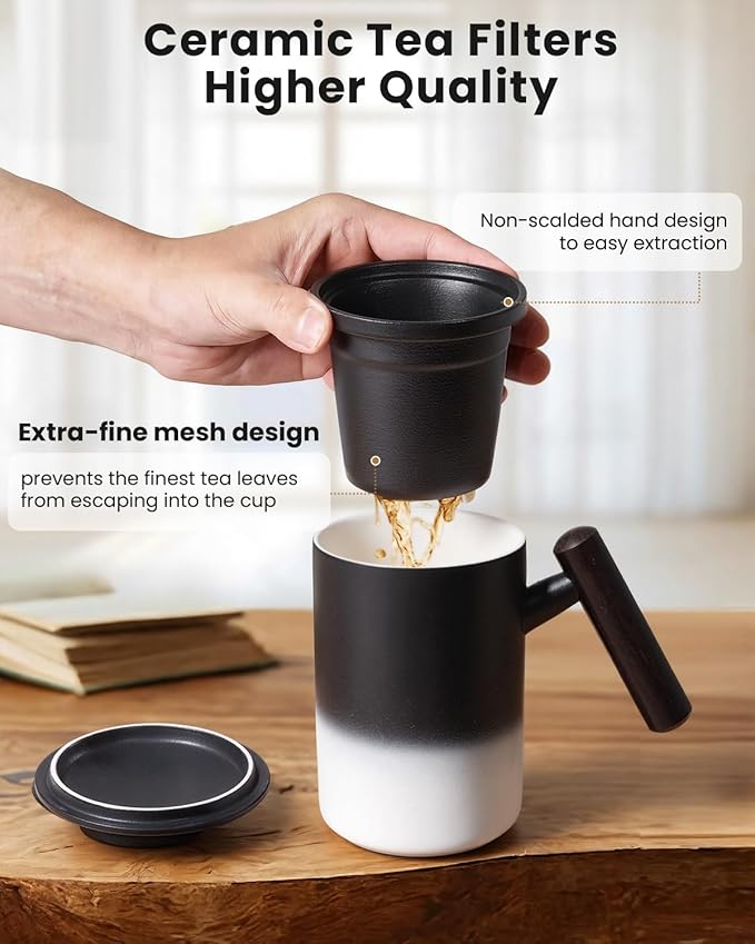 15 OZ Porcelain Tea Infuser Cup with Lid,Ceramic Tea Mug with Porcelain Strainer for Loose Leaf,Tea Strainers Cup with Wood Handle,BPA-Free,Gifts for Tea's Lover (Gradient Black)