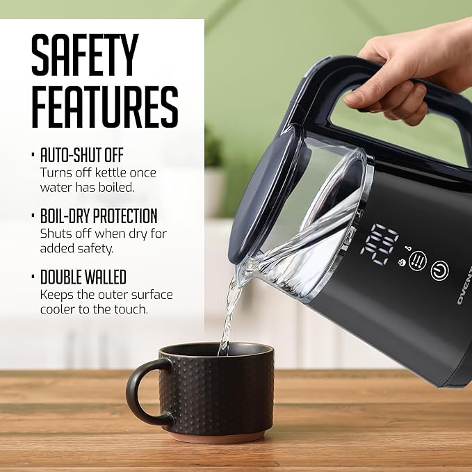OVENTE Electric Kettle with 5 Temperature Control Presets, LED Digital Display, 5Hr Keep Warm Function, Auto Shut-Off and Boil Dry Protection, 1500W BPA Free Glass Water Heater and Boiler, Black KD95B