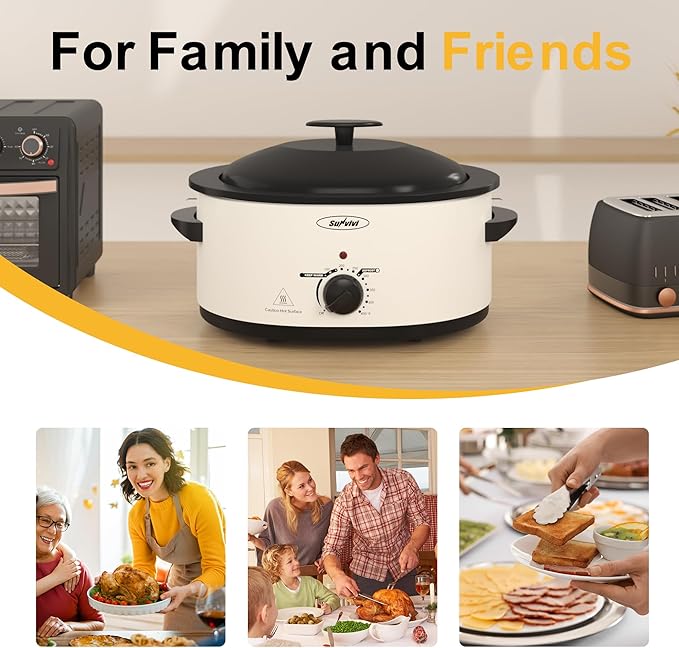 Roaster Oven with Self-Basting Lid, Electric Turkey Roaster Oven with Removable Pan and Rack, Stainless Steel, White, 8 QT