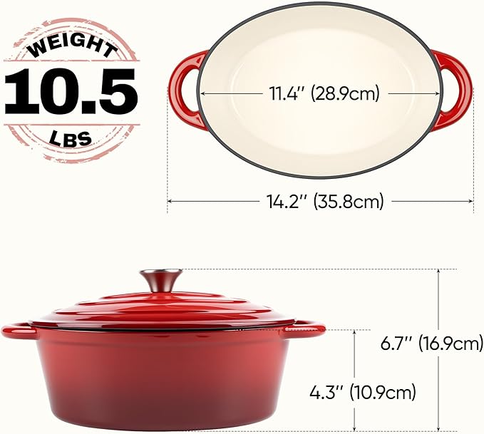Oval Dutch Oven for Bread Baking, 4.5 Quart Non Stick Enameled Cast Iron Dutch Oven Pot with Lid, Oven Safe Oval Casserole with Lid up to 500°F for Baking, Braising, Stews, Roasting (Red)