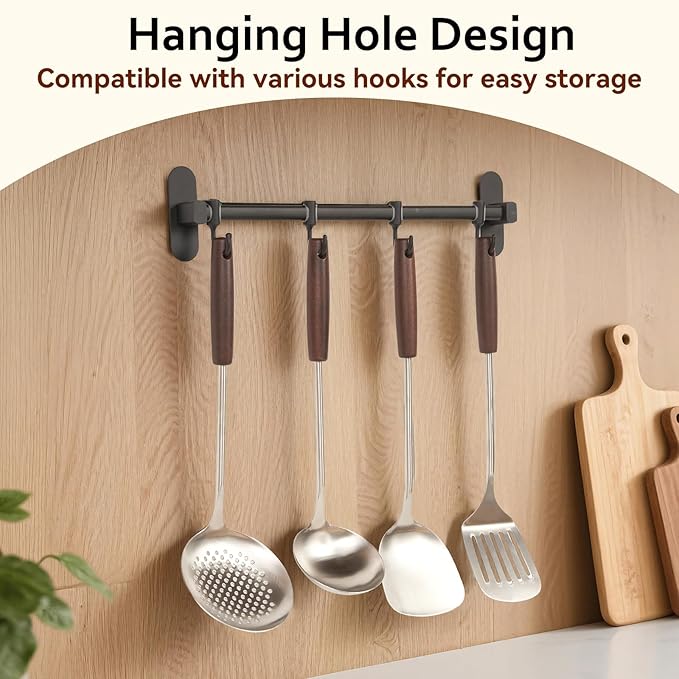 Stainless Steel Cooking Utensils Set, 4 PCS Kitchen Utensils Set with Wooden Handles, Heat Resistant Cooking Tools for Solid & Slotted Turner Wok Spatula, Soup Ladle, Slotted Spoon