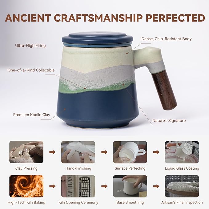Tea Cup with Infuser and Lid 15oz - Kiln-Transformed Ceramic Mug with Mountain Pattern, Wood Handle Loose Leaf Tea Set, Anniversary Birthday Gift