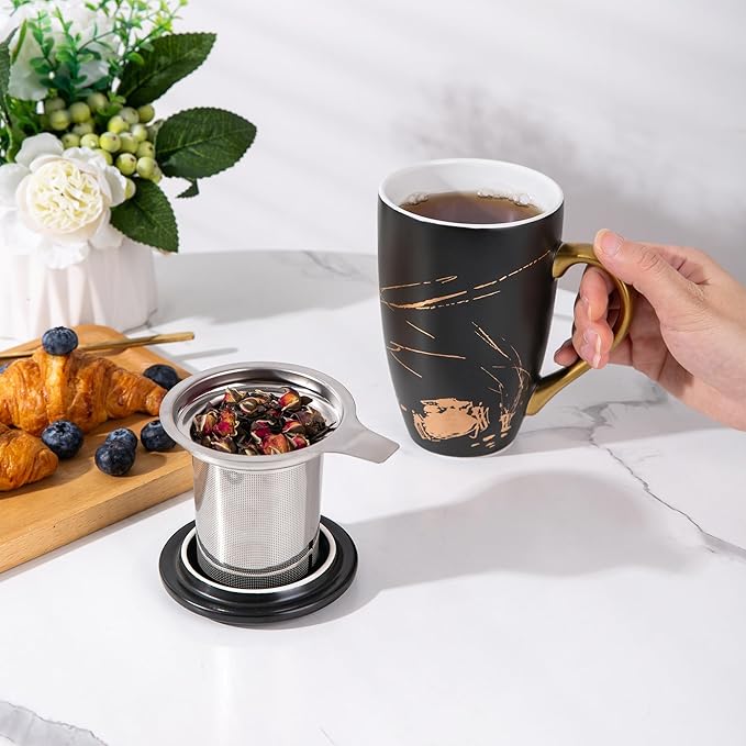 AmorArc Ceramic Tea Cup with Infuser and Lid, 17 Oz, Ceramic Cup with Handle for Steeping Loose Leaf Teas, Steeping Tea Mug with Strainer, Black