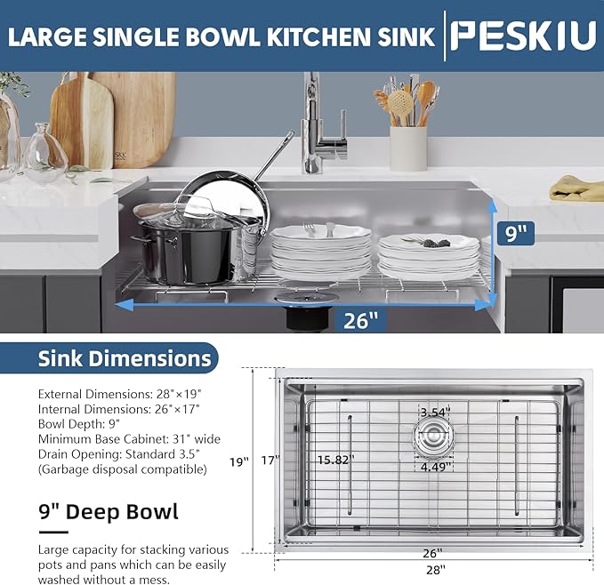 28"x19'' Undermount Kitchen Sink, 16 Gauge Single Bowl Stainless Steel with Nano Coating & Brushed Finish, Modern Sink Deep with Ledge and Accessories