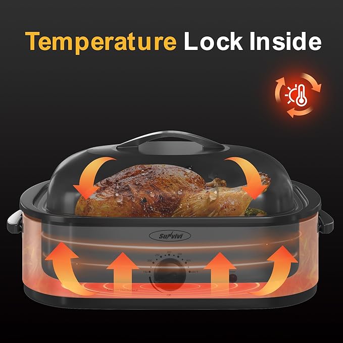 14-Quart Electric Roaster Oven with Self-Basting Lid, Turkey Roaster Oven with Removable Pan and Rack, Stainless Steel, Sliver, 14 QT