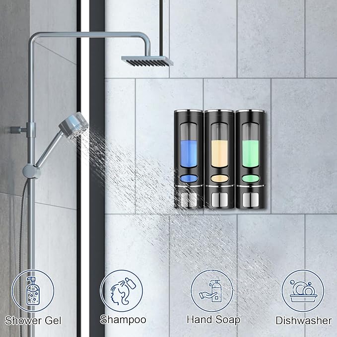 Shampoo and Conditioner Dispenser, 3-Chamber Shower Soap Dispenser Wall Mounted, No Drill Shampoo Dispenser for Shower Wall Body Wash for Bathroom Toilet Hotel Kitchen(Black)