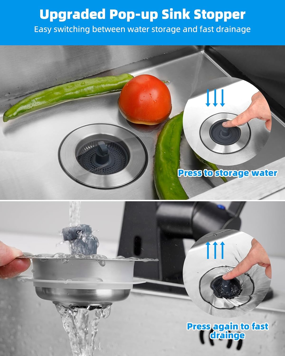 Hibbent Upgraded 2 Pack 3 in 1 Kitchen Sink Drain Strainer and Stopper Combo, Stainless Steel Metal Pop Up Sink Stopper, Anti-Clogging Basket with Foldable Handle for US Standard 3-1/2 Inch Drain