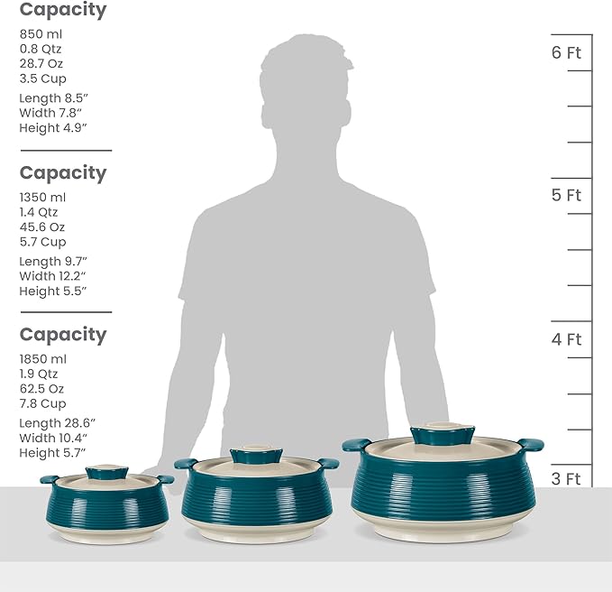 Milton Casserole for hot food, Double walled insulated inner Stainless Steel hot pot with lid, Serving box for food and roti, insulated serving bowl with lid, Set of 3 Venice, Marble Green