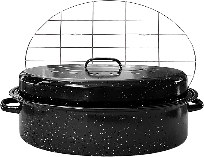Large Roasting Pan with Lid and Rack 19"Granite Turkey Roaster Pan Set Enameled Steel Design Suitable for Turkey Versatile Cooking Barbecuing,Dishwasher Safe Cookware Holiday Gifts