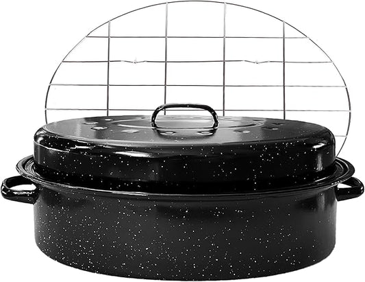 Large Roasting Pan with Lid and Rack 19"Granite Turkey Roaster Pan Set Enameled Steel Design Suitable for Turkey Versatile Cooking Barbecuing,Dishwasher Safe Cookware Holiday Gifts