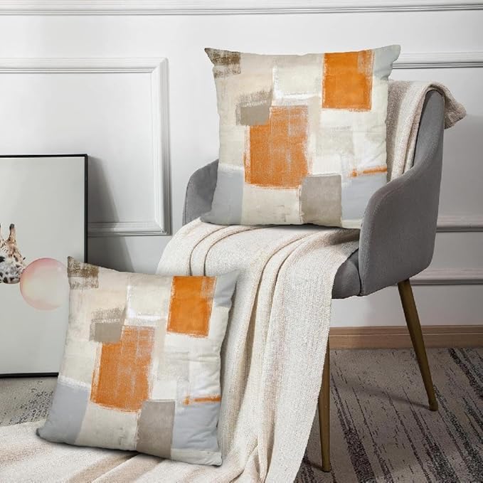 Orange and Grey Abstract Art Artwork Pillow Cover, Gallery Modern Decorative Throw Pillows Cushion Cover for Bedroom Sofa Living Room 24 x 24 Inch Set of 2