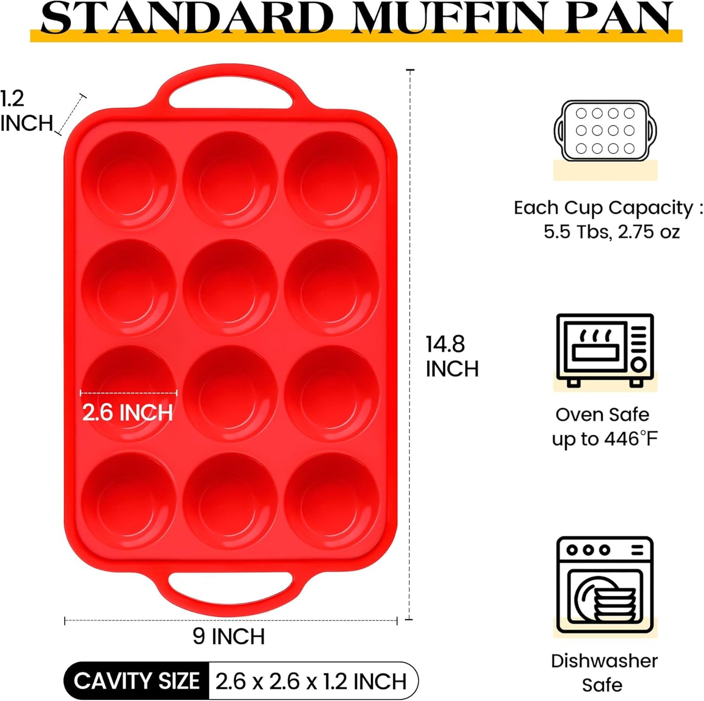 2 Pcs Silicone Muffin Pan for Baking with Metal Frame, Nonstick 12 Cup Regular Size Cupcake Pan, Silicone Muffin Tray for Egg Bites (Red)