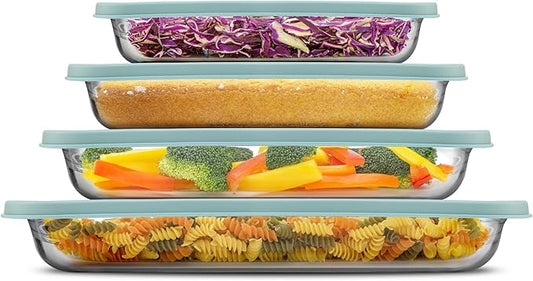 JoyJolt 8-Piece Borosilicate Glass Oven Dishes with Powder Blue Lids, Rectangle Deep Glass Baking Dish Set, Baking Pans for Lasagna Casserole Cake, Bakeware Set, Freezer to Oven Tray to Dishwasher