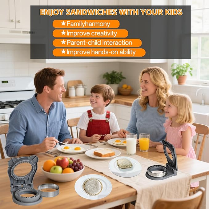 Sandwich Cutter and Sealer - 3.7" Circle & Square Pocket Sandwich Maker, Intuitive & Easy-to-Use for Boys &Girls, Perfect for Breakfast & Lunchboxes (Gray, Round)